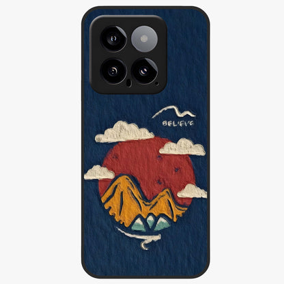 Dream Beyond Mountains Glass Case showing flat back view with scenic mountain landscape artwork and glossy glass finish.
