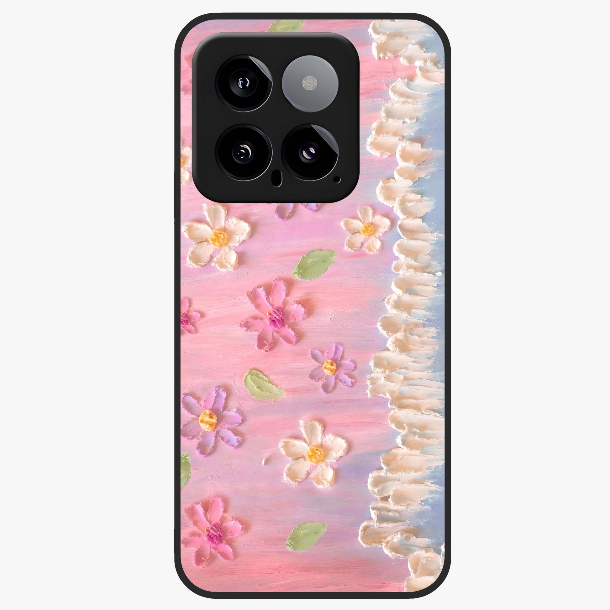 Dreamy Painted Garden Glass Case showing flat back view with artistic painted floral garden artwork and glossy glass finish.