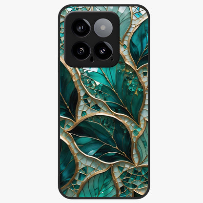 Emerald Leaf Glass Glass Case showing flat back view with emerald green leaf artwork and glossy glass finish.