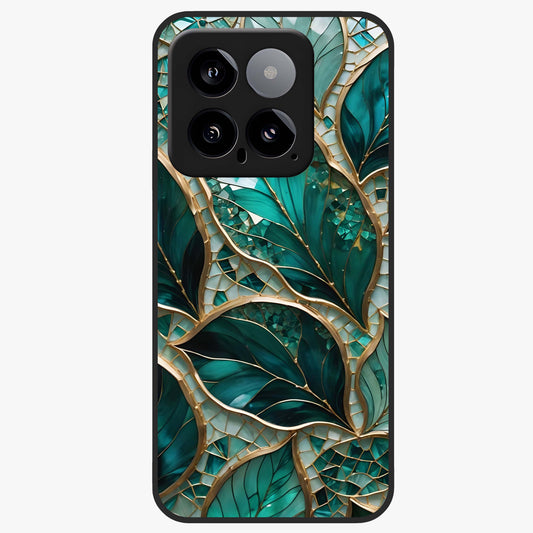 Emerald Leaf Glass Glass Case showing flat back view with emerald green leaf artwork and glossy glass finish.