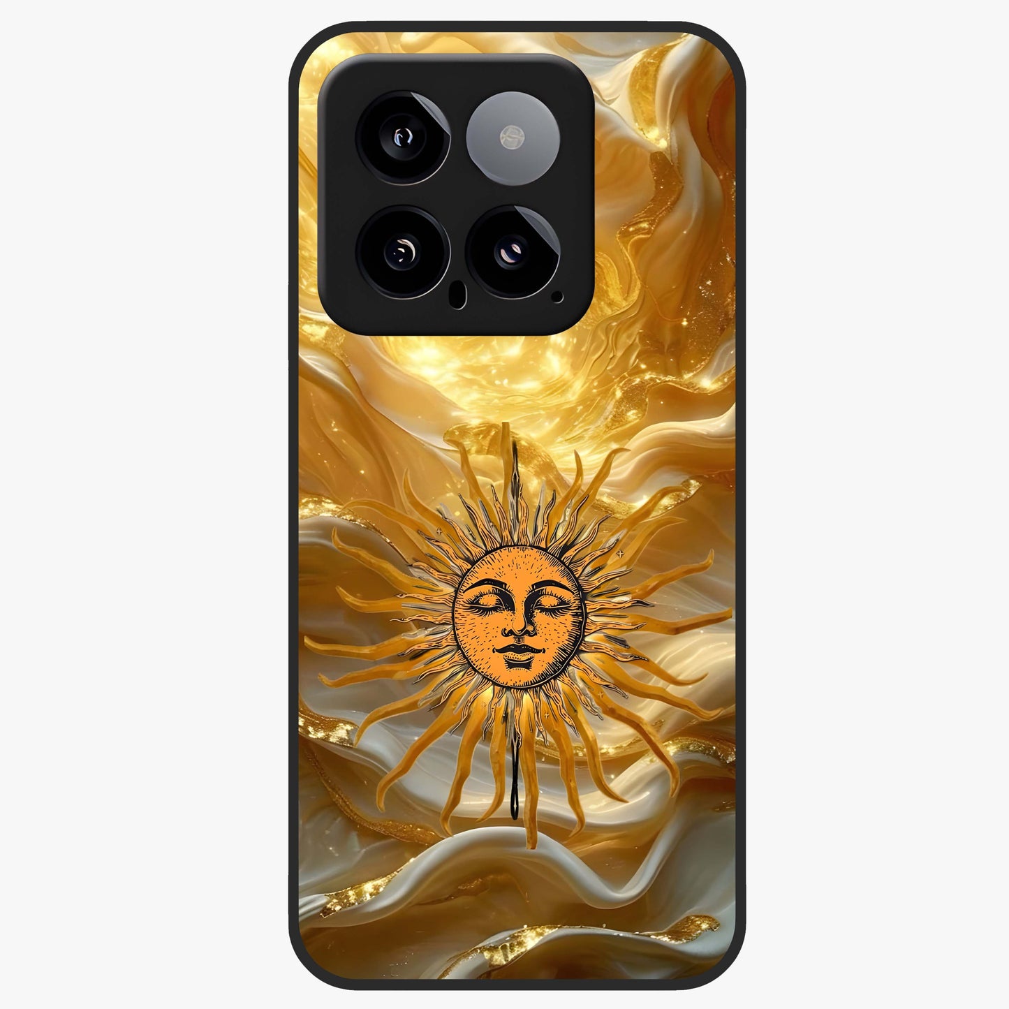 Eternal Golden Glow Glass Case showing flat back view with radiant golden themed artwork and glossy glass finish.