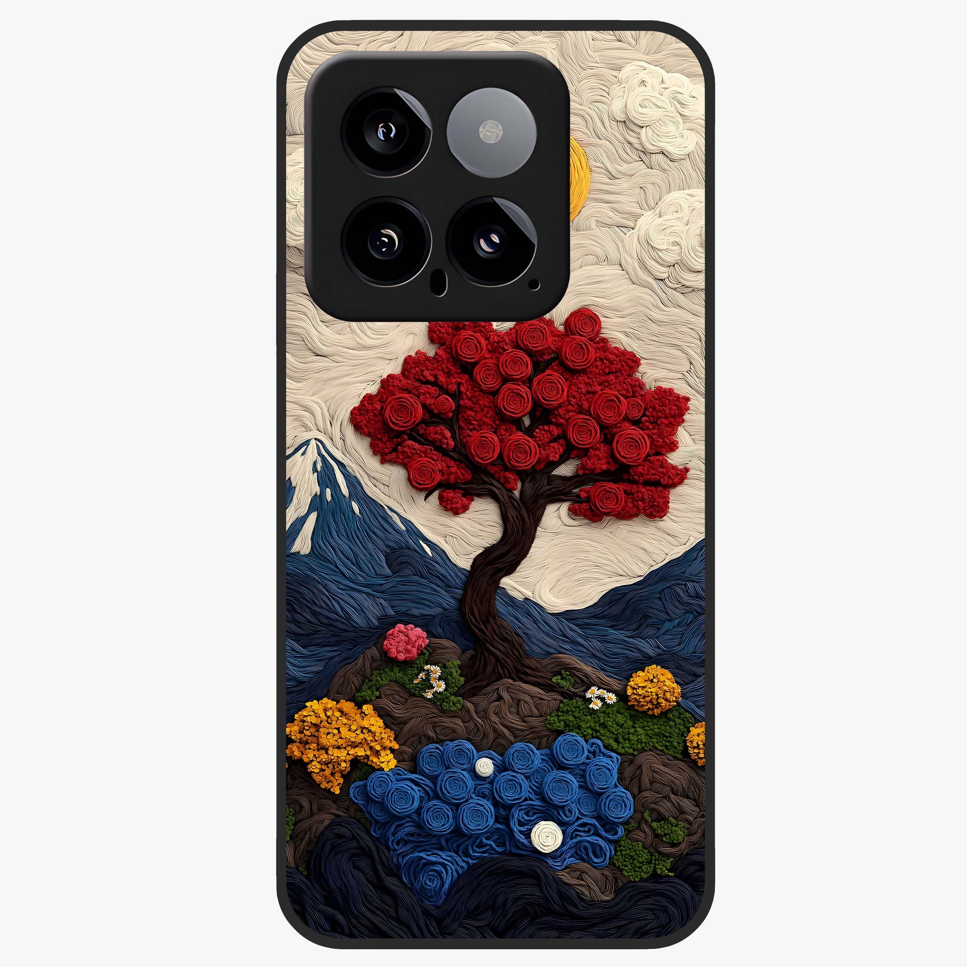 Eternal Nature Tapestry Glass Case showing flat back view with intricate nature tapestry artwork and glossy glass finish.