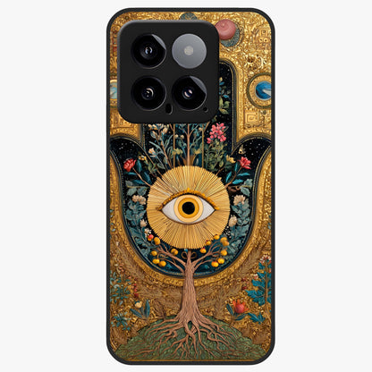 Ethereal Evil Eye Glass Case showing flat back view with mystical evil eye artwork and glossy glass finish.