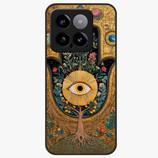 Ethereal Evil Eye Glass Case showing flat back view with mystical evil eye artwork and glossy glass finish.