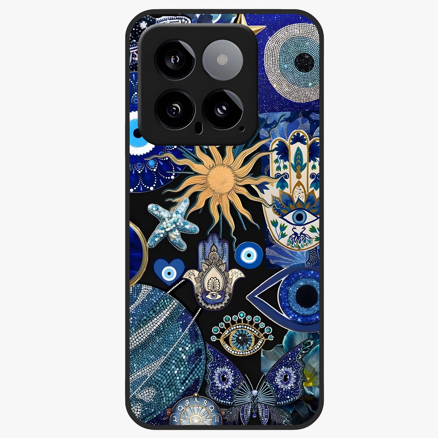 Evil Eye Charm Mix Glass Case showing flat back view with multiple evil eye charms artwork and glossy glass finish.