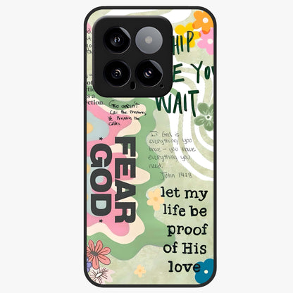 Faith Over Fear Glass Case showing flat back view with motivational typography artwork and glossy glass finish.