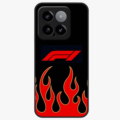 Fire F11 Glass Case showing flat back view with fiery themed artwork and glossy glass finish.