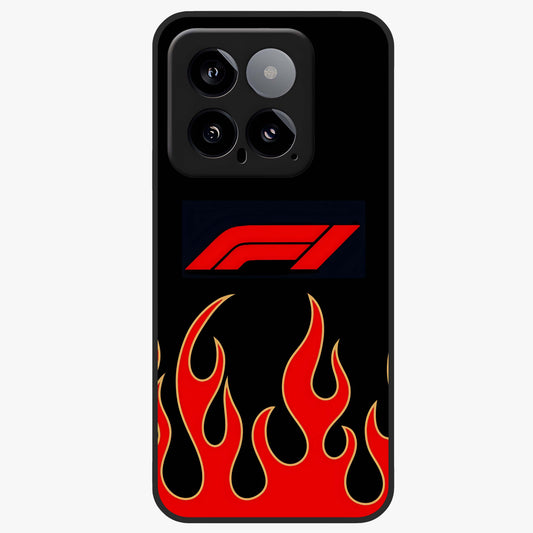 Fire F11 Glass Case showing flat back view with fiery themed artwork and glossy glass finish.