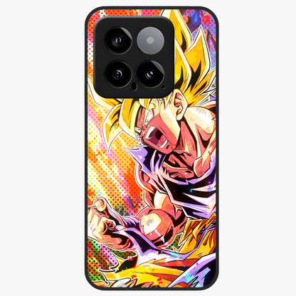 Firing Goku Glass Case showing flat back view with powerful anime inspired artwork and glossy glass finish.
