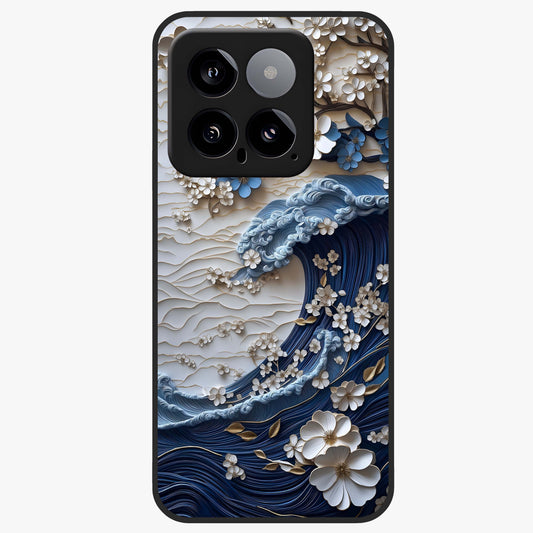 Floral Wave Origami Glass Case showing flat back view with origami inspired floral wave artwork and glossy glass finish.