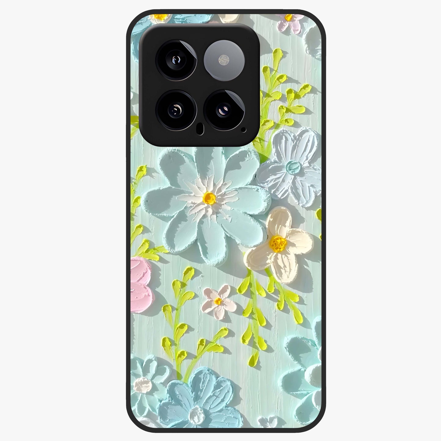 Frosted Petal Garden Glass Case showing flat back view with soft frosted floral artwork and glossy glass finish.