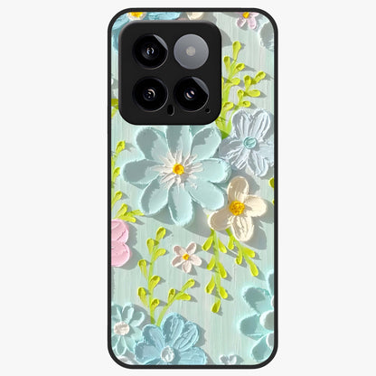 Frosted Petal Garden Glass Case showing flat back view with soft frosted floral artwork and glossy glass finish.