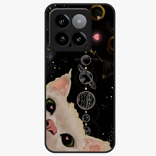 Galactic Cat Glass Case showing flat back view with cosmic cat artwork and glossy glass finish.