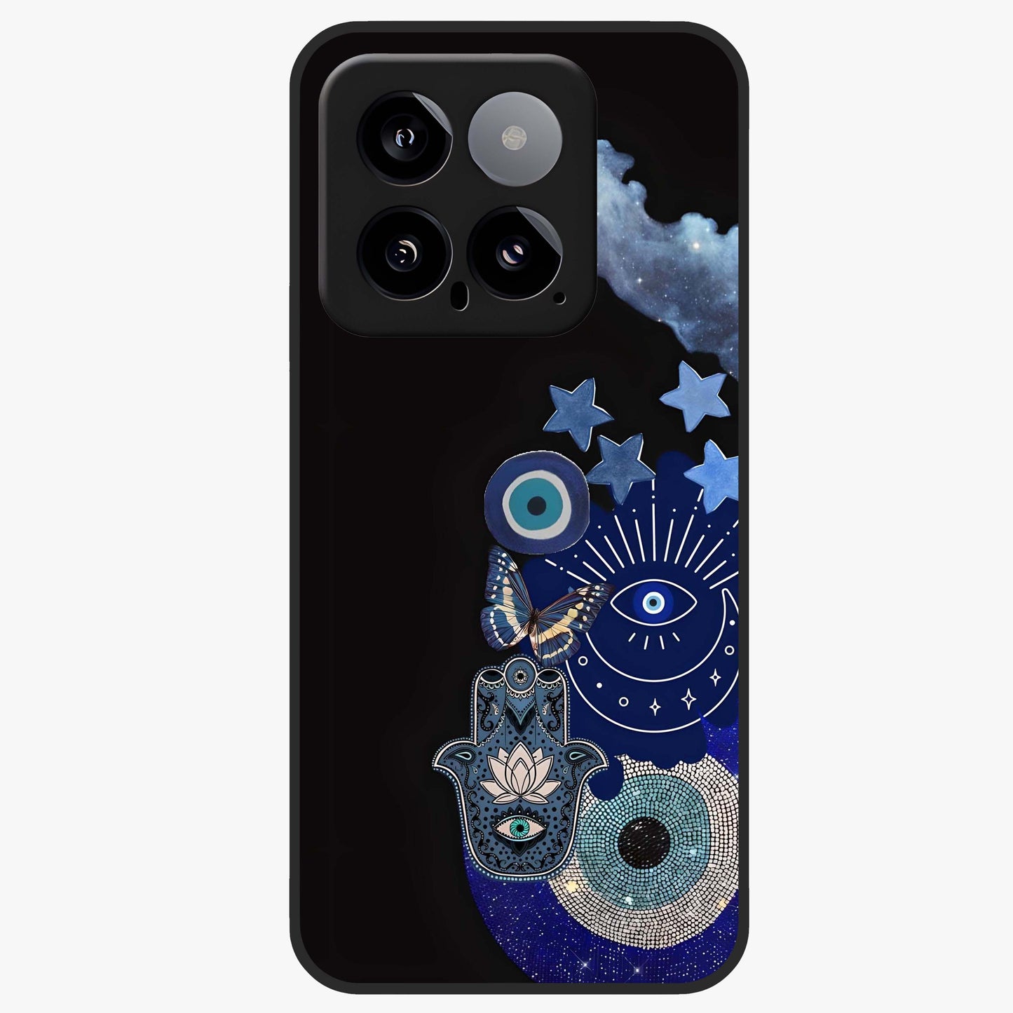 Galactic Charm Cluster Glass Case showing flat back view with glowing celestial charm artwork and glossy glass finish.