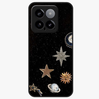 Galactic Charm Glow Glass Case showing flat back view with glowing celestial charm artwork and glossy glass finish.