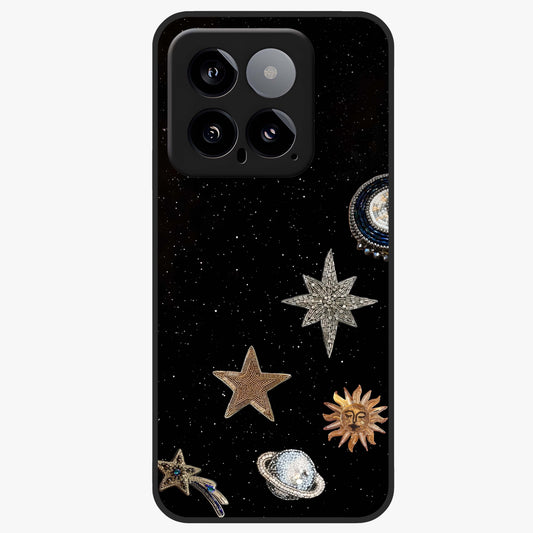 Galactic Charm Glow Glass Case showing flat back view with glowing celestial charm artwork and glossy glass finish.
