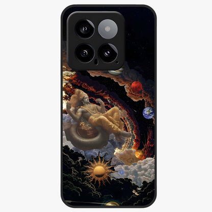Galactic Divine God Glass Case showing flat back view with divine cosmic themed artwork and glossy glass finish.