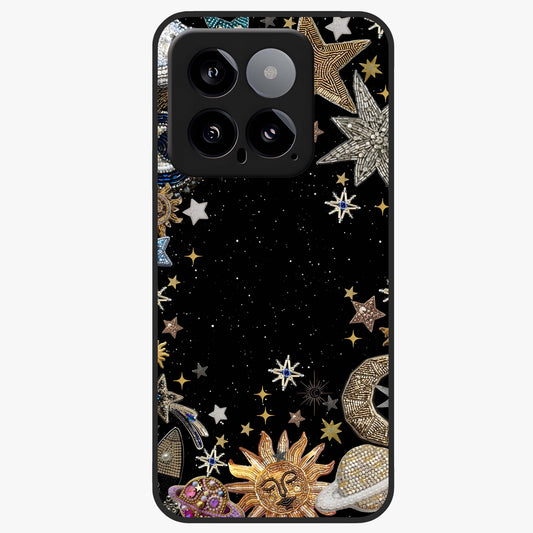 Galactic Jewel Stars Glass Case showing flat back view with sparkling star jewel artwork and glossy glass finish.