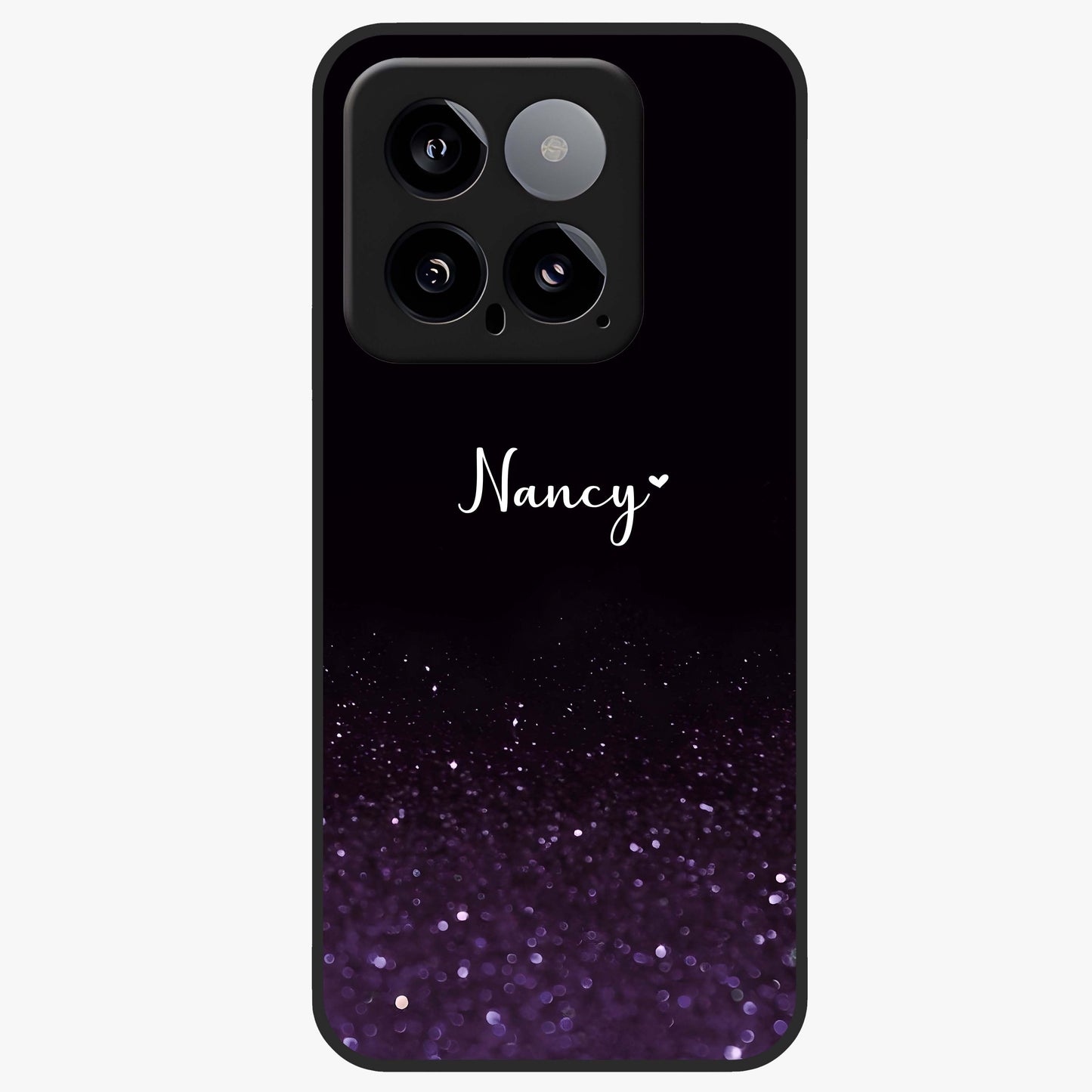 Glittery Purple Bokeh Custom Name Glass Case showing flat back view with purple bokeh sparkle artwork and personalized name design.