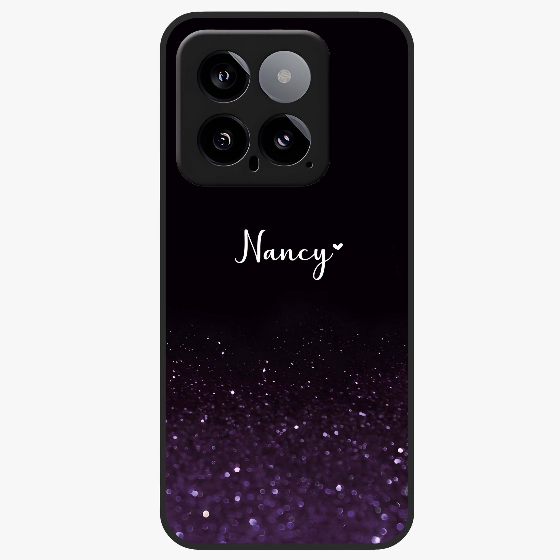 Glittery Purple Bokeh Custom Name Glass Case showing flat back view with purple bokeh sparkle artwork and personalized name design.