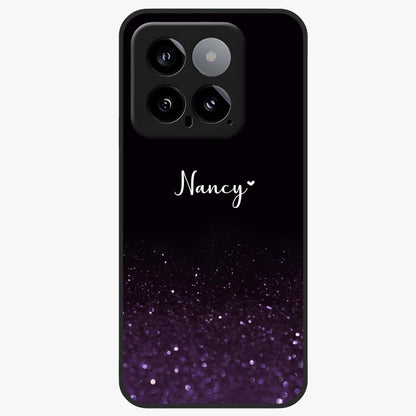 Glittery Purple Bokeh Custom Name Glass Case showing flat back view with purple bokeh sparkle artwork and personalized name design.