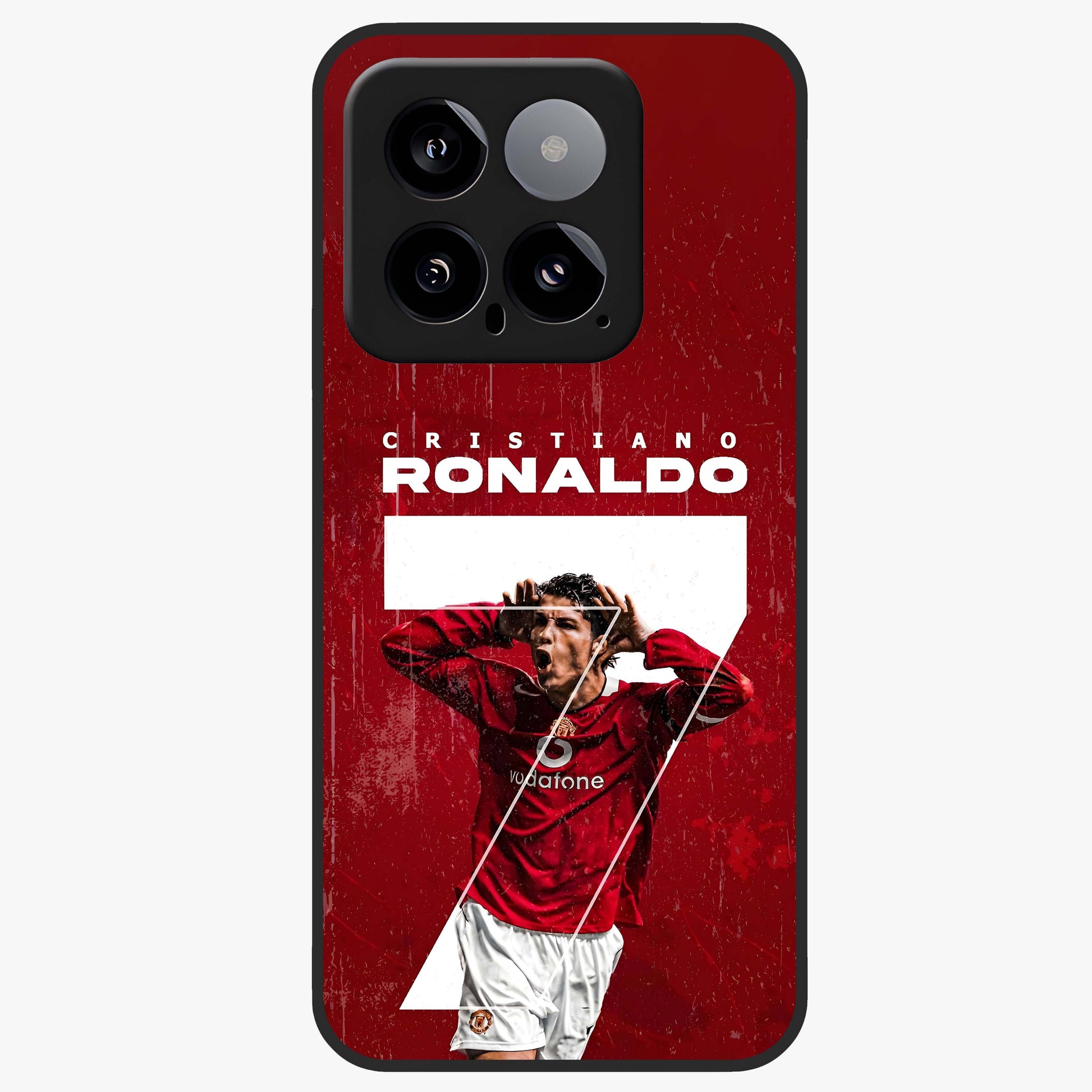 Goal Celebration Legacy Glass Case showing flat back view with football celebration inspired artwork and glossy glass finish.