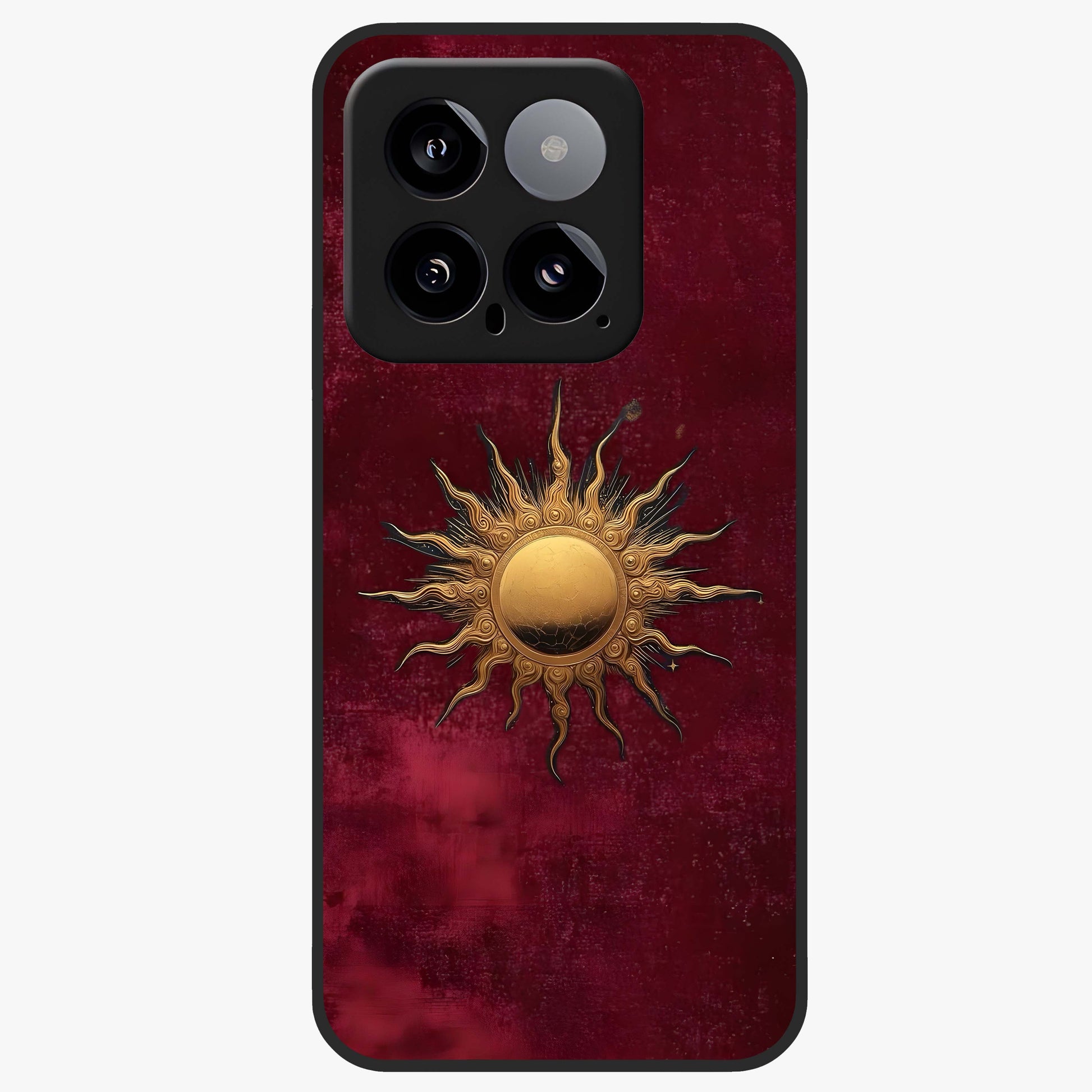 Gold Sun Blush Glass Case showing flat back view with golden sun inspired artwork and glossy glass finish.
