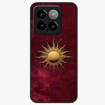Gold Sun Blush Glass Case showing flat back view with golden sun inspired artwork and glossy glass finish.