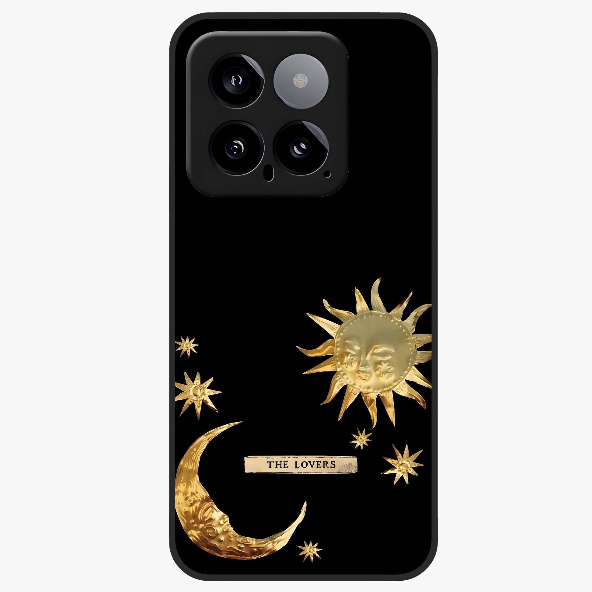 Golden Celestial Charm Glass Case showing flat back view with golden celestial charm artwork and glossy glass finish.