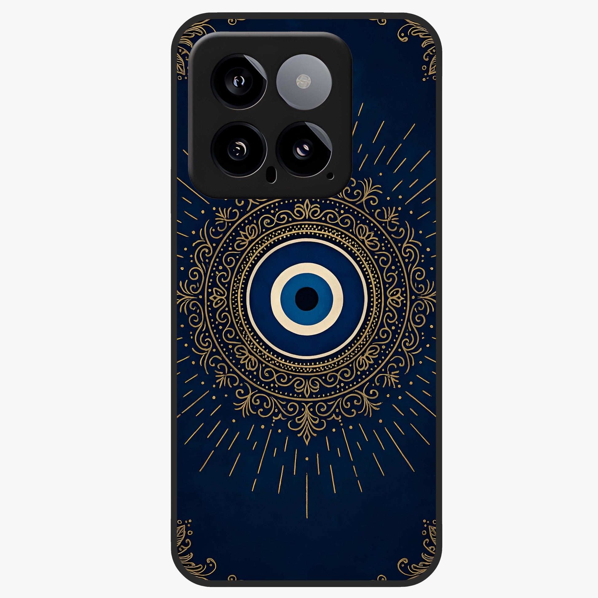 Golden Evil Eye Mandala Glass Case showing flat back view with intricate evil eye mandala artwork and glossy glass finish.