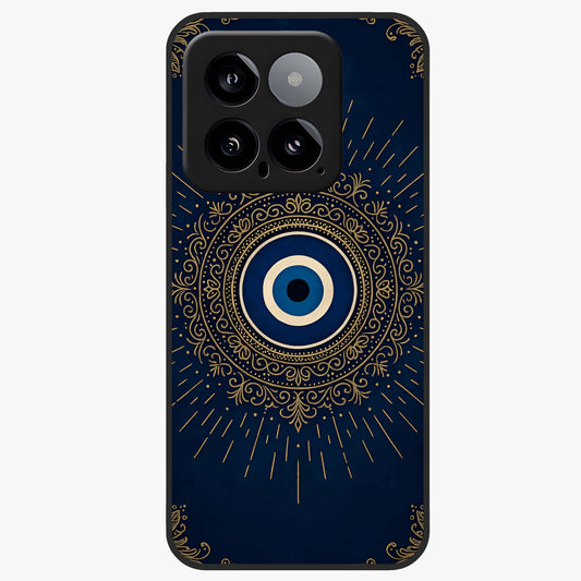 Golden Evil Eye Mandala Glass Case showing flat back view with intricate evil eye mandala artwork and glossy glass finish.