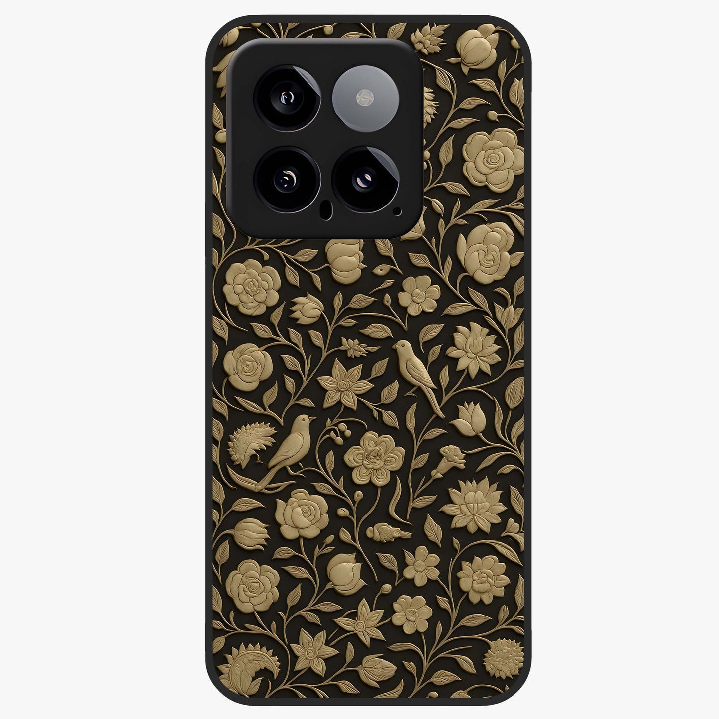 Golden Floral Majesty Glass Case showing flat back view with luxurious golden floral artwork and glossy glass finish.