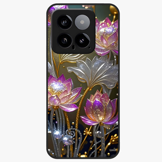 Golden Lotus Glow Glass Case showing flat back view with glowing lotus flower artwork and glossy glass finish.