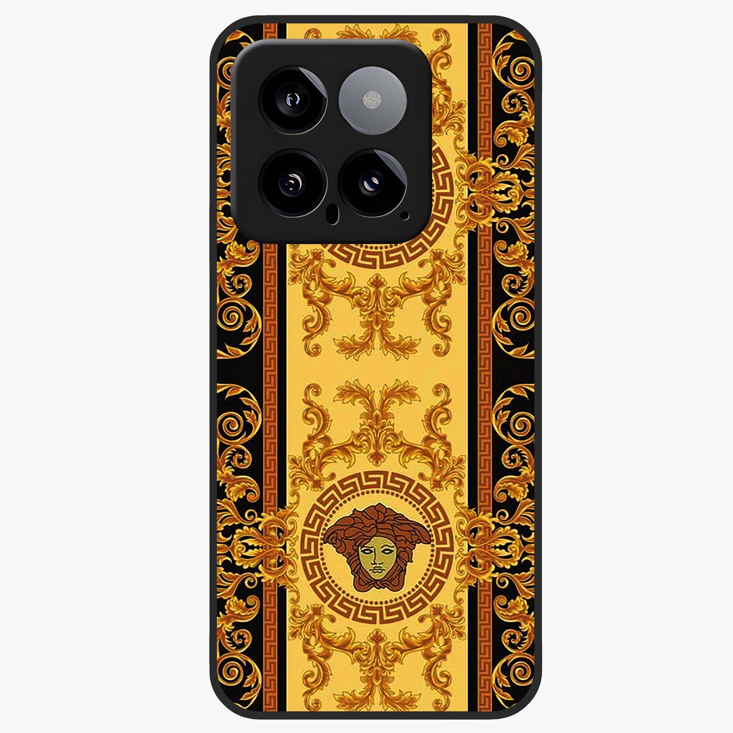 Golden Royal Heritage Glass Case showing flat back view with ornate royal pattern artwork and glossy glass finish.