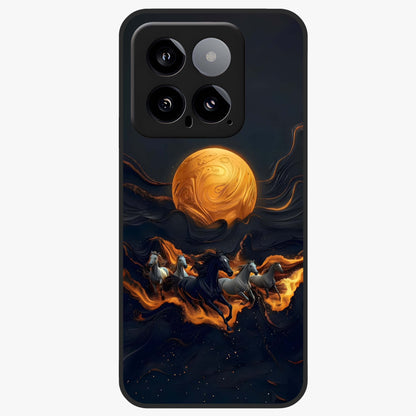 Golden Stallion Moonride Glass Case showing flat back view with majestic horse under moonlight artwork and glossy glass finish.