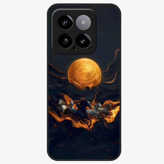 Golden Stallion Moonride Glass Case showing flat back view with majestic horse under moonlight artwork and glossy glass finish.