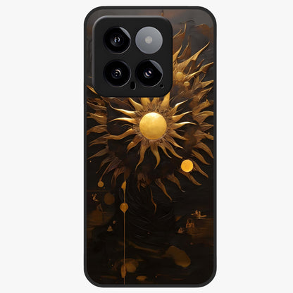 Golden Sun Majesty Glass Case showing flat back view with radiant golden sun artwork and glossy glass finish.