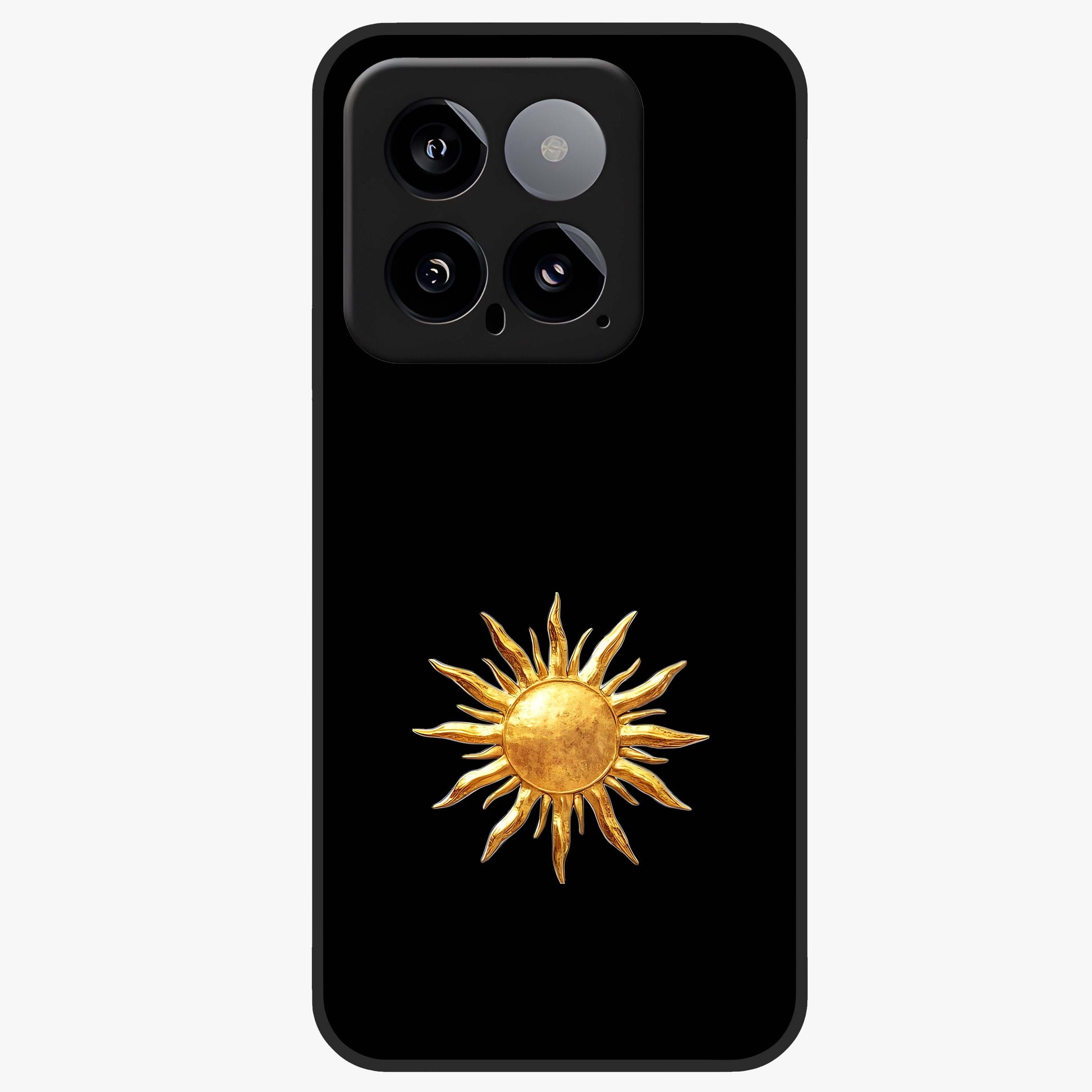 Golden Sun Minimalism Glass Case showing flat back view with minimal golden sun artwork and glossy glass finish.