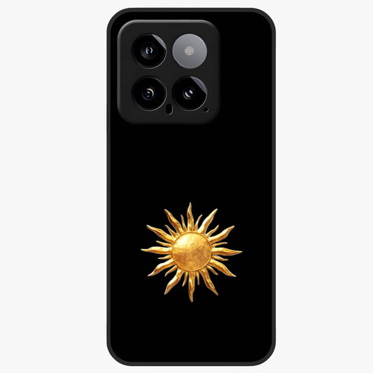 Golden Sun Minimalism Glass Case showing flat back view with minimal golden sun artwork and glossy glass finish.