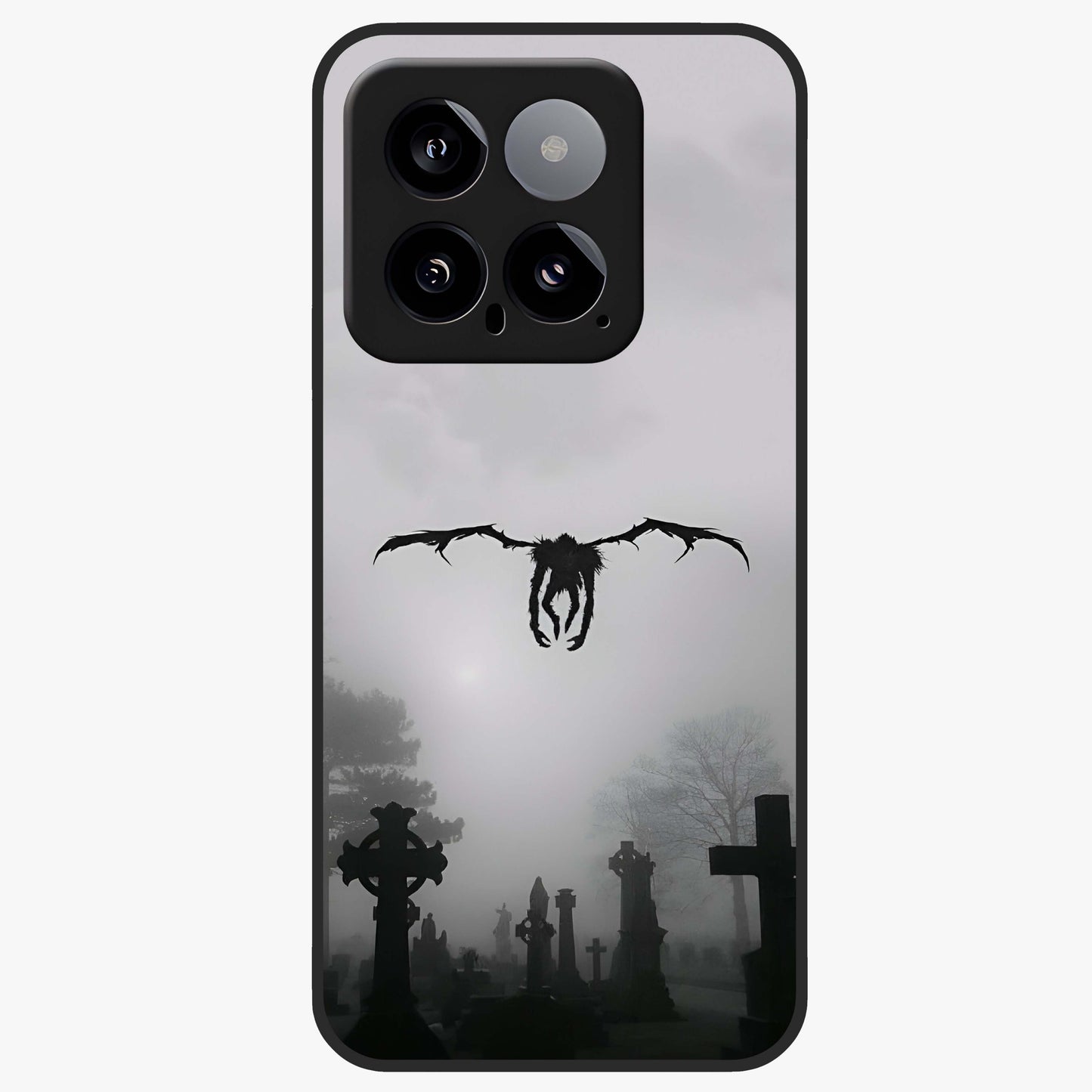 Graveyard Shadow Descent Glass Case showing flat back view with dark graveyard themed artwork and glossy glass finish.
