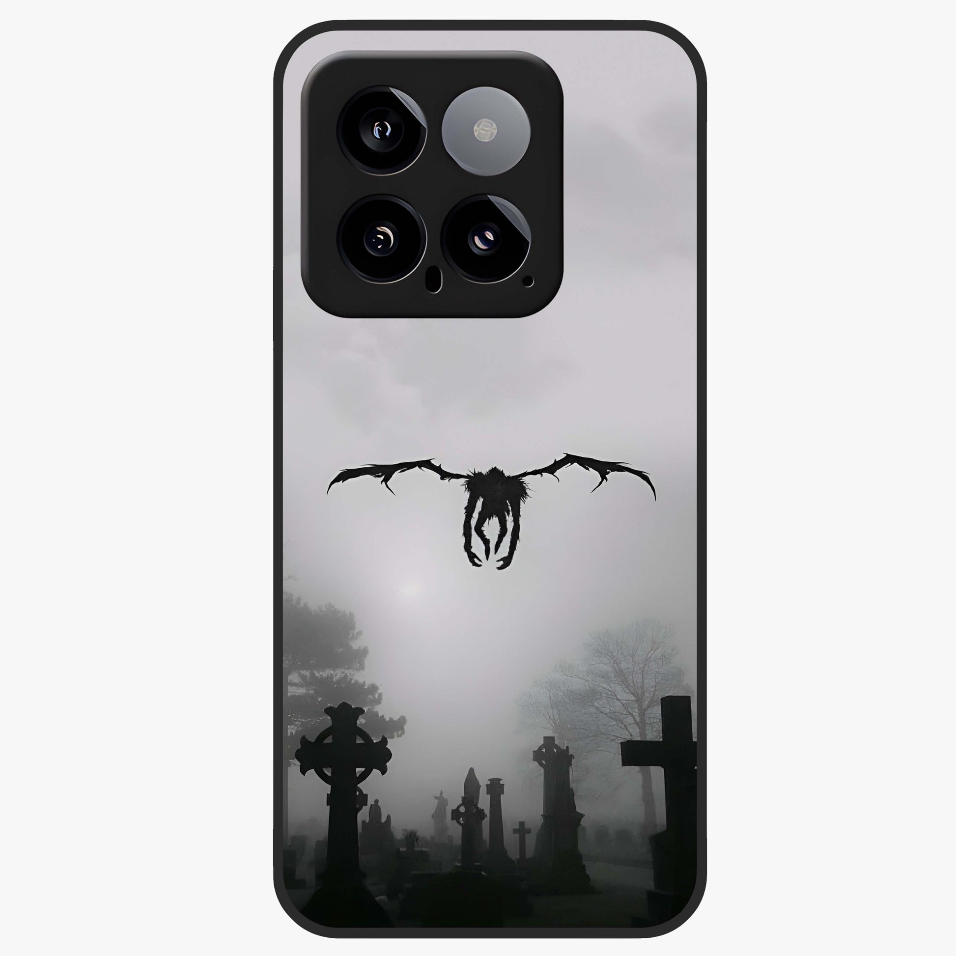 Graveyard Shadow Descent Glass Case showing flat back view with dark graveyard themed artwork and glossy glass finish.