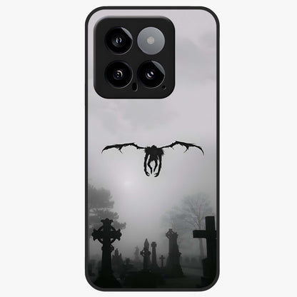 Graveyard Shadow Descent Glass Case showing flat back view with dark graveyard themed artwork and glossy glass finish.