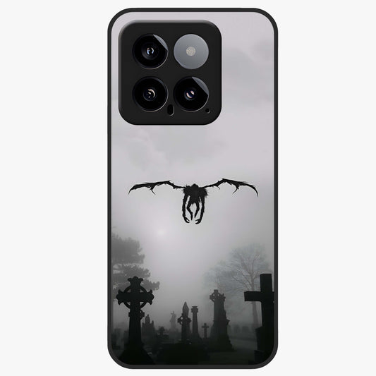 Graveyard Shadow Descent Glass Case showing flat back view with dark graveyard themed artwork and glossy glass finish.