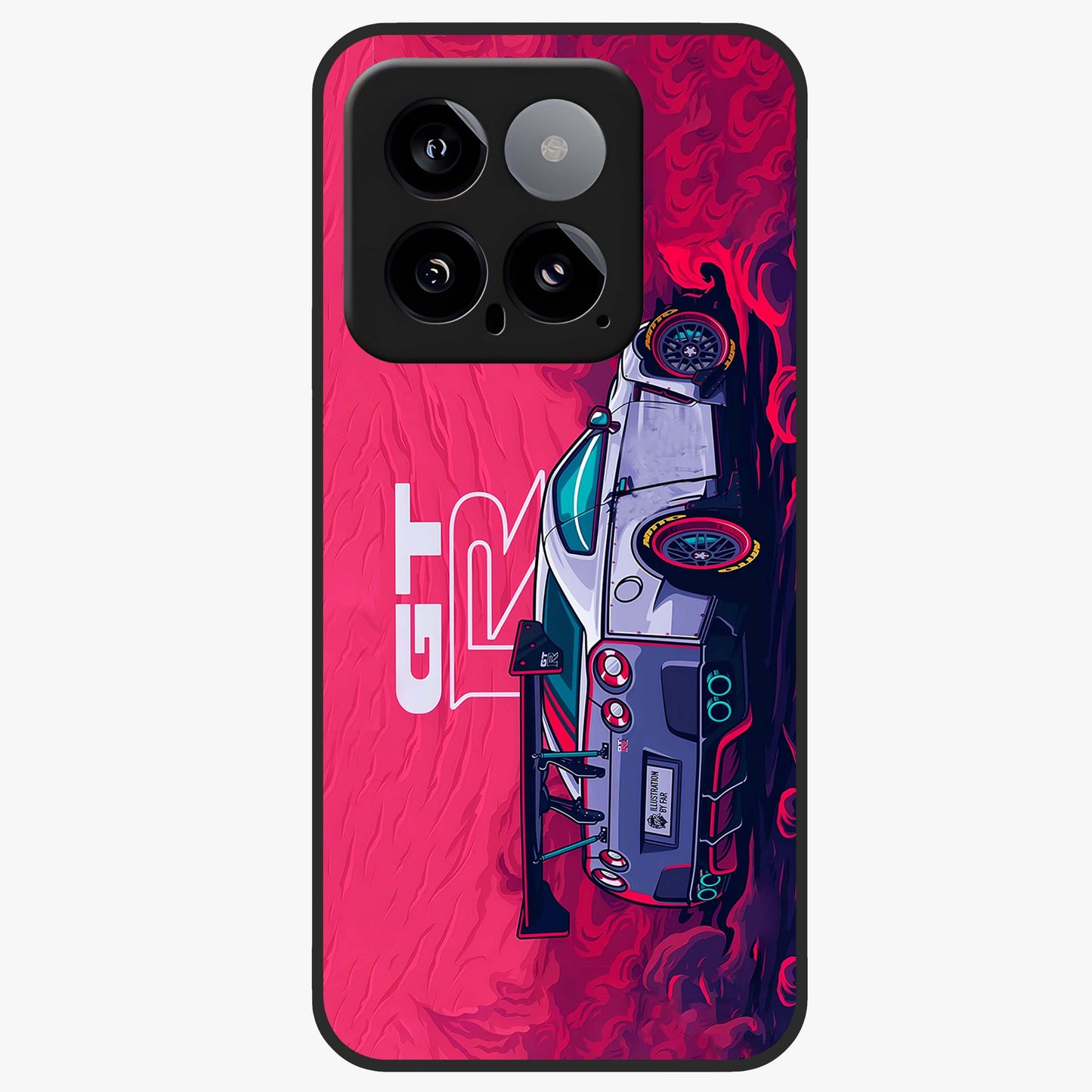 GT-R Car Pattern Glass Case showing flat back view with sporty car inspired pattern artwork and glossy glass finish.