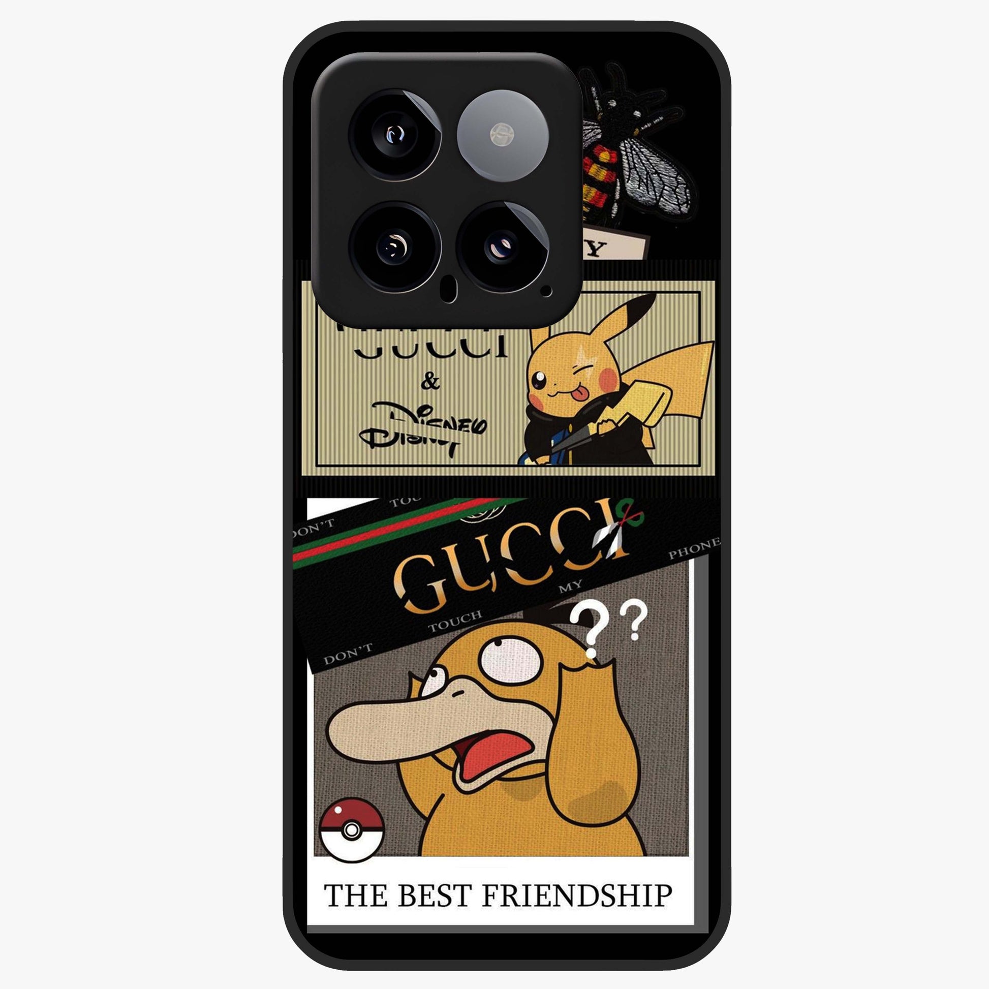 Gucci Play Mashup Glass Case showing flat back view with luxury inspired graphic artwork and glossy glass finish.