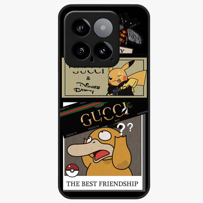 Gucci Play Mashup Glass Case showing flat back view with luxury inspired graphic artwork and glossy glass finish.