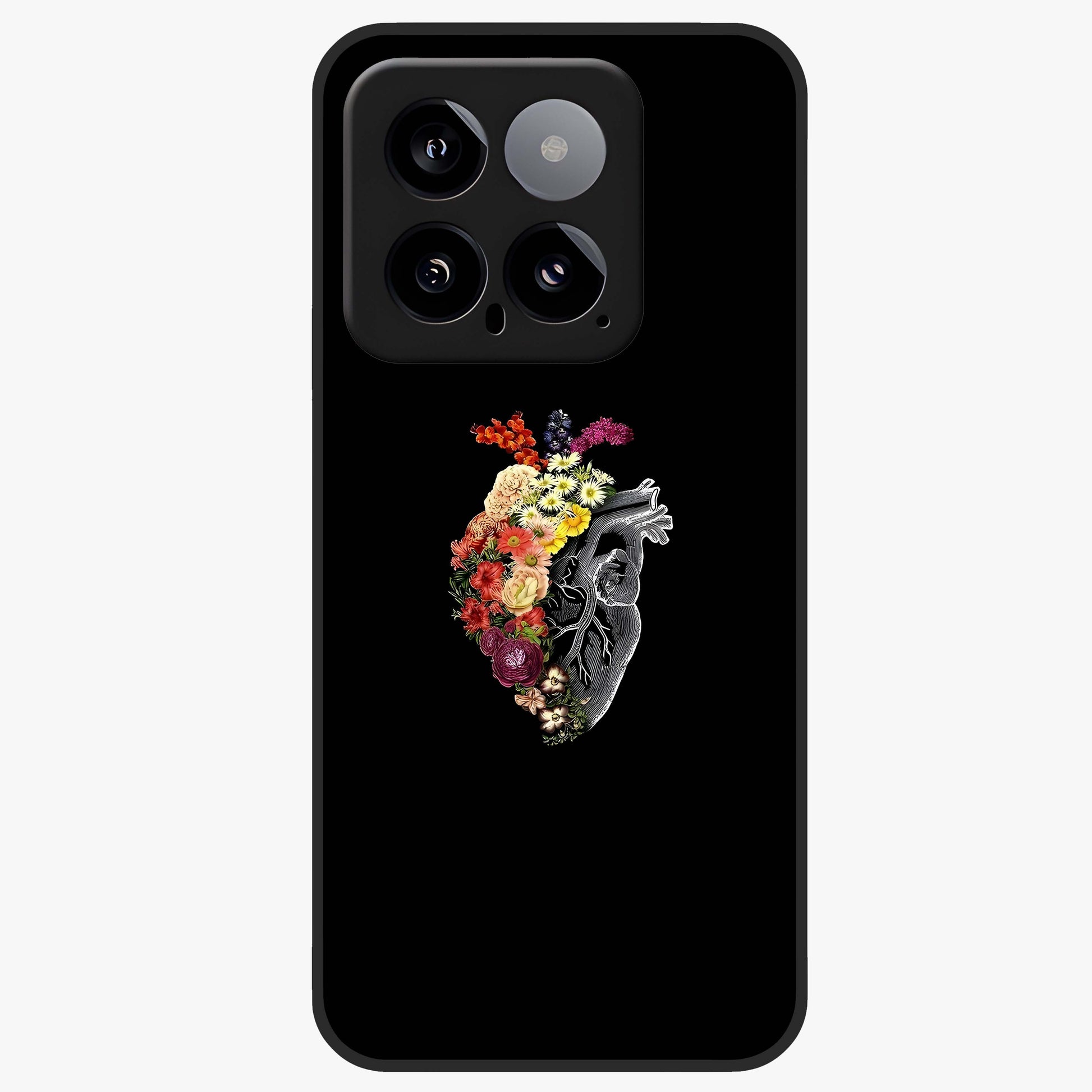 Heart With Flowers Glass Case showing flat back view with heart shaped floral artwork and glossy glass finish.