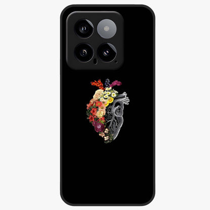 Heart With Flowers Glass Case showing flat back view with heart shaped floral artwork and glossy glass finish.