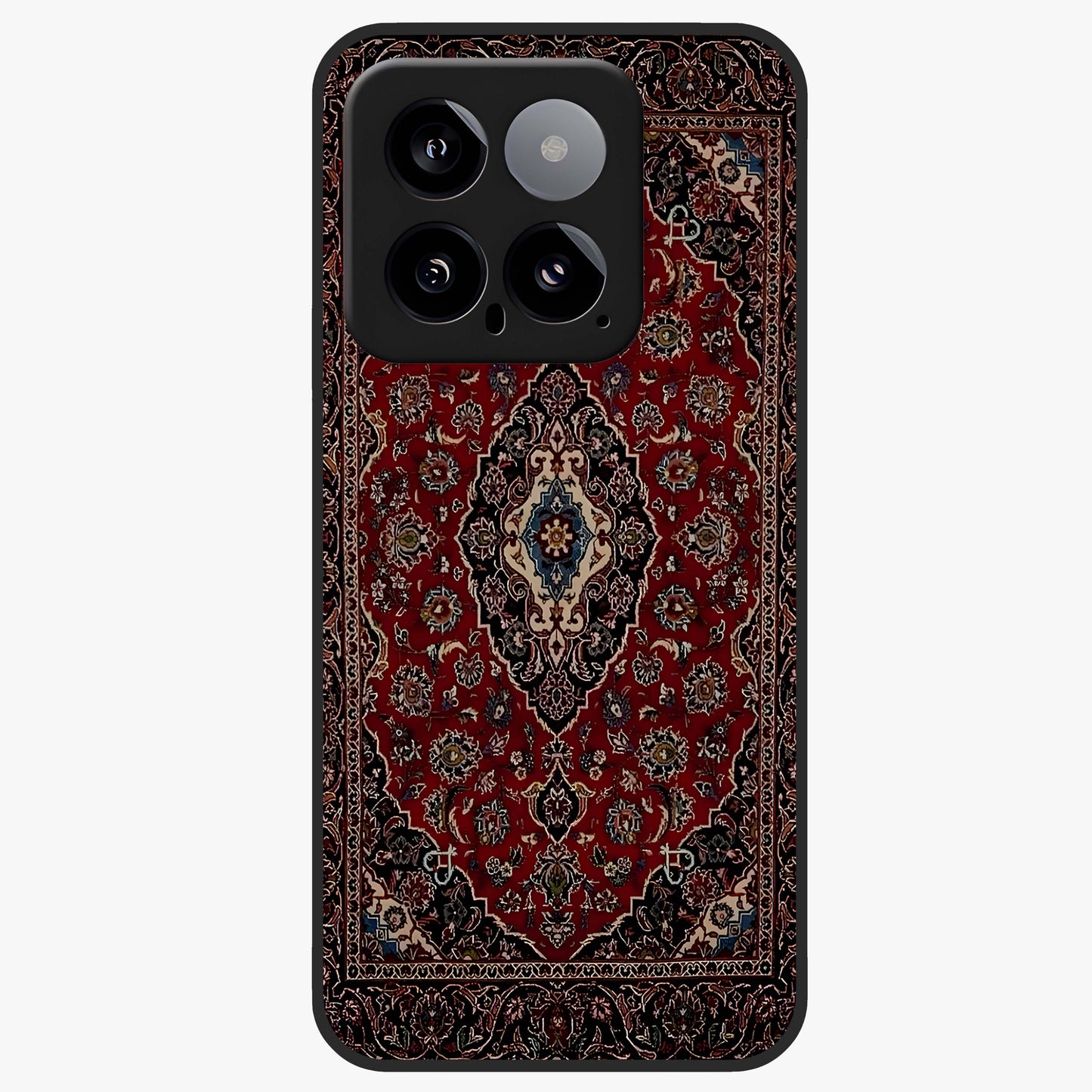 Heritage Carpet Royale Glass Case showing flat back view with ornate Persian carpet inspired pattern and glossy glass finish.