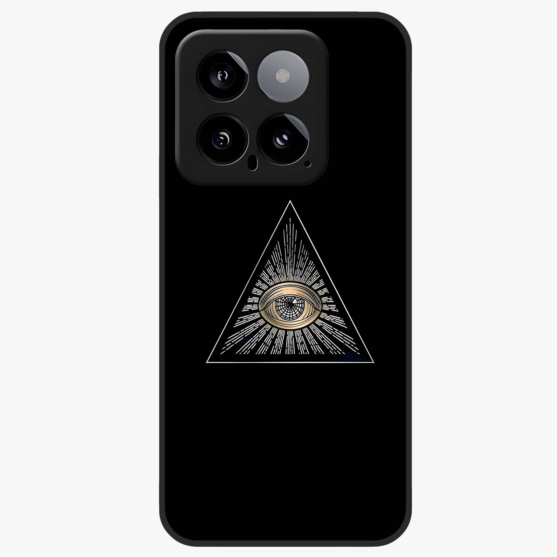 Illuminati Evil Glass Case showing flat back view with mysterious illuminati symbol artwork and glossy glass finish.